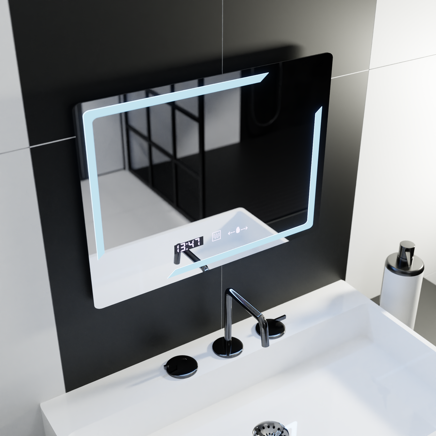 Prostokątne lustro LED, 80x60 cm, Rayonnement MotionGlow Marcello, system odmgławiania, zegar i termometr, przyciemniane lustra Marcello Domyślny tytuł Alessandro Design
