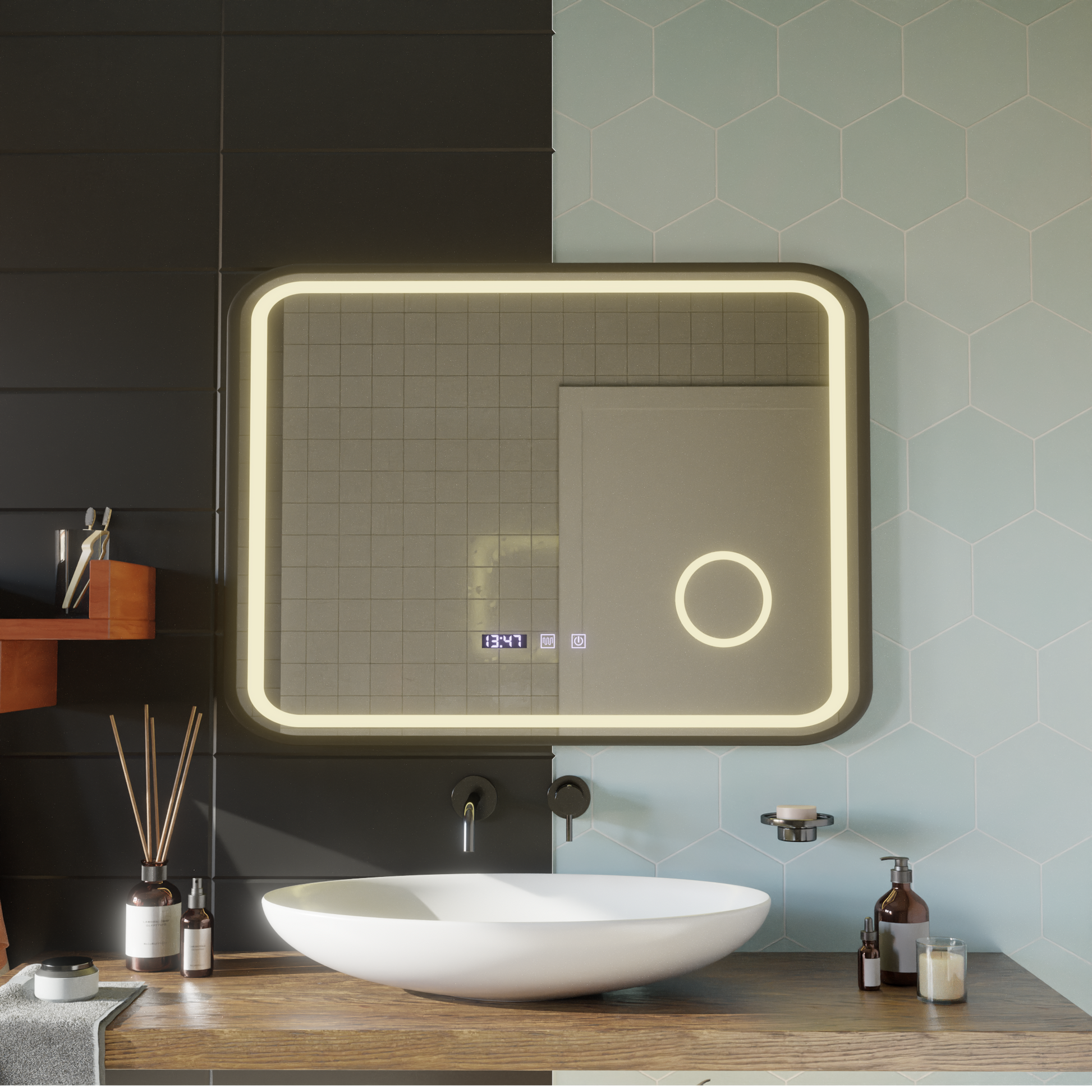 LED Touch Bernd System odmgławiania lusterek, zegar i temperatura 80x60 cm Czarna ramka Szczotkowane lusterka kosmetyczne Korman S Domyślny tytuł Alessandro Design