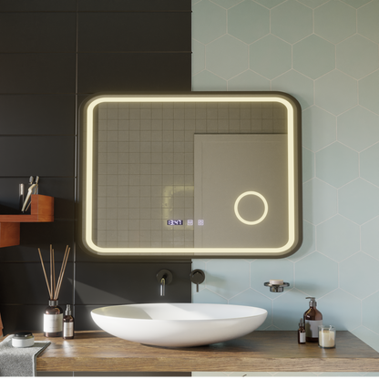 LED Touch Bernd System odmgławiania lusterek, zegar i temperatura 80x60 cm Czarna ramka Szczotkowane lusterka kosmetyczne Korman S Domyślny tytuł Alessandro Design