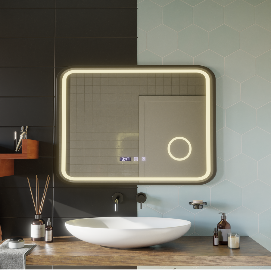LED Touch Bernd System odmgławiania lusterek, zegar i temperatura 80x60 cm Czarna ramka Szczotkowane lusterka kosmetyczne Korman S Domyślny tytuł Alessandro Design