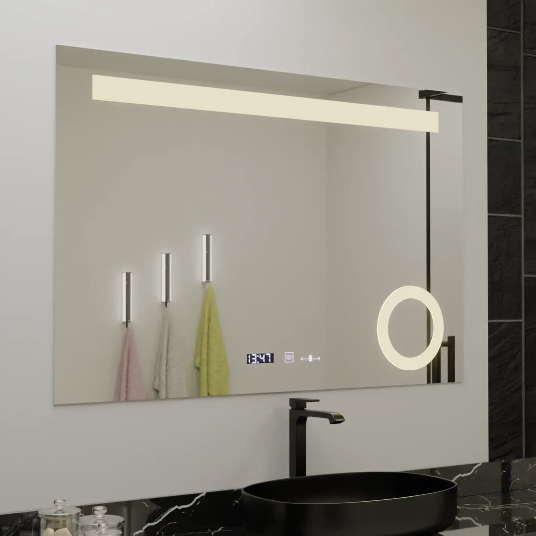Prostokątne lustro LED, 80x60cm, ABSOLU MotionGlow Marcello, system odmgławiania, zegar i termometr, lupa kosmetyczna, przyciemniane lustra Marcello Domyślny tytuł Alessandro Design