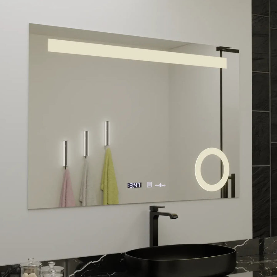Prostokątne lustro LED, 80x60cm, ABSOLU MotionGlow Marcello, system odmgławiania, zegar i termometr, lupa kosmetyczna, przyciemniane lustra Marcello Domyślny tytuł Alessandro Design