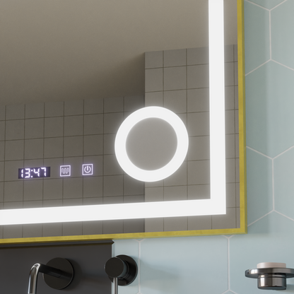 LED Touch CLARUS System odmgławiania lusterek, zegar i temperatura 80x60 cm Złota ramka Szczotkowane lusterka kosmetyczne Korman S Domyślny tytuł Alessandro Design