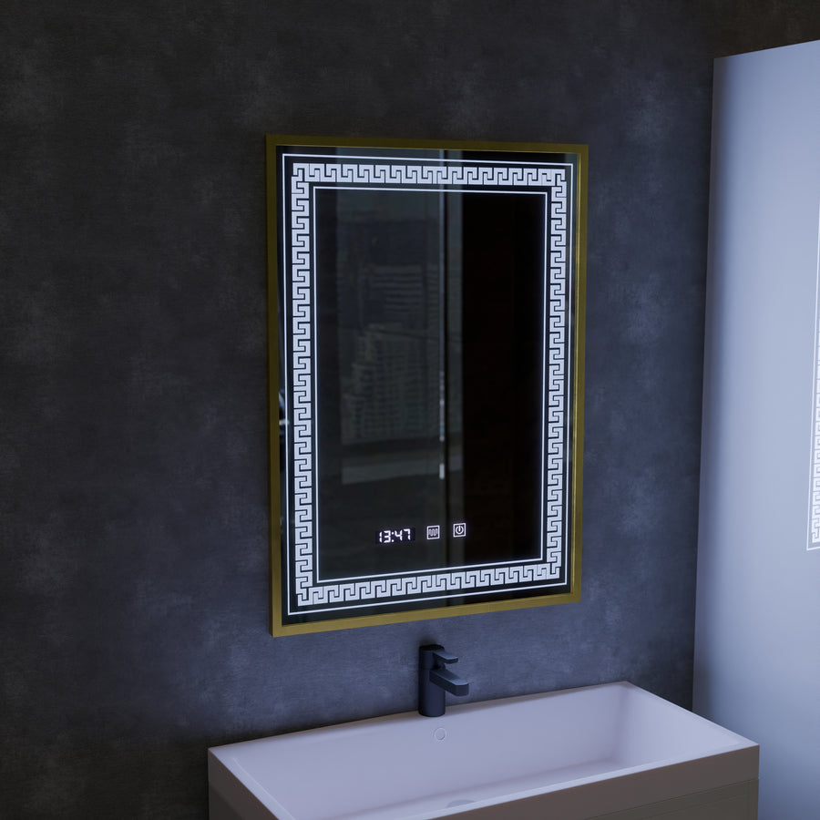 Lustro LED Touch Bruno Demister System, zegar i temperatura 60x80 cm ramka ze szczotkowanego złota, lustra S84/60X80 Korman S Domyślny tytuł Alessandro Design