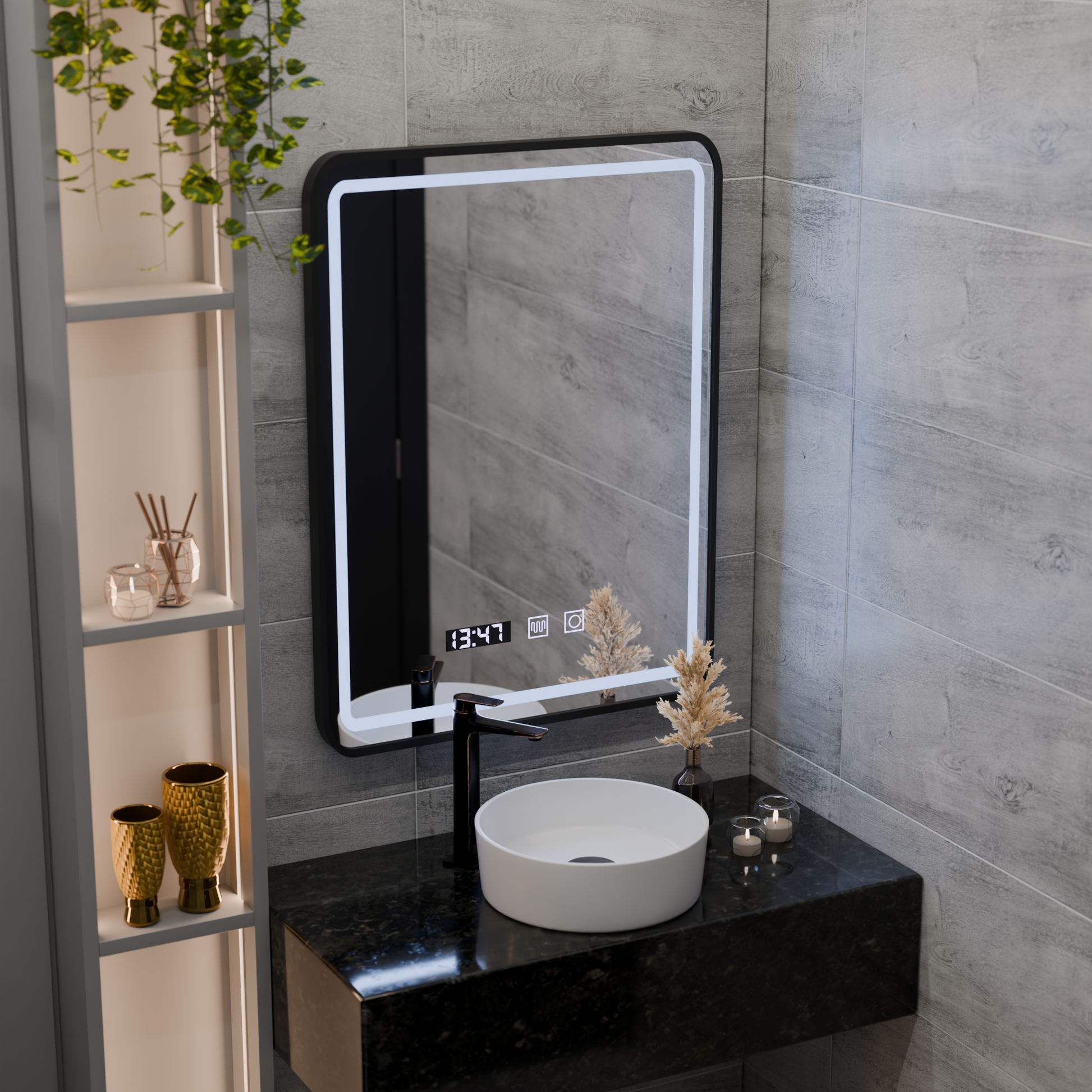 Lustro LED Touch LUCIDA System odmgławiania, zegar i temperatura 50x70 cm Rama Czarne szczotkowane lustra Korman S Domyślny tytuł Alessandro Design