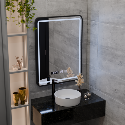 Lustro LED Touch LUCIDA System odmgławiania, zegar i temperatura 50x70 cm Rama Czarne szczotkowane lustra Korman S Domyślny tytuł Alessandro Design