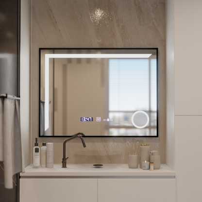 Lustro LED z czujnikiem MotionGlow Francesca 80x60 cm Ciepłe/zimne/neutralne światło Możliwość przyciemniania Czarna ramka Szczotkowany system odmgławiania Termometr Zegar Marcello Funghi Kolekcja Lustra Marcello Domyślny tytuł Alessandro Design