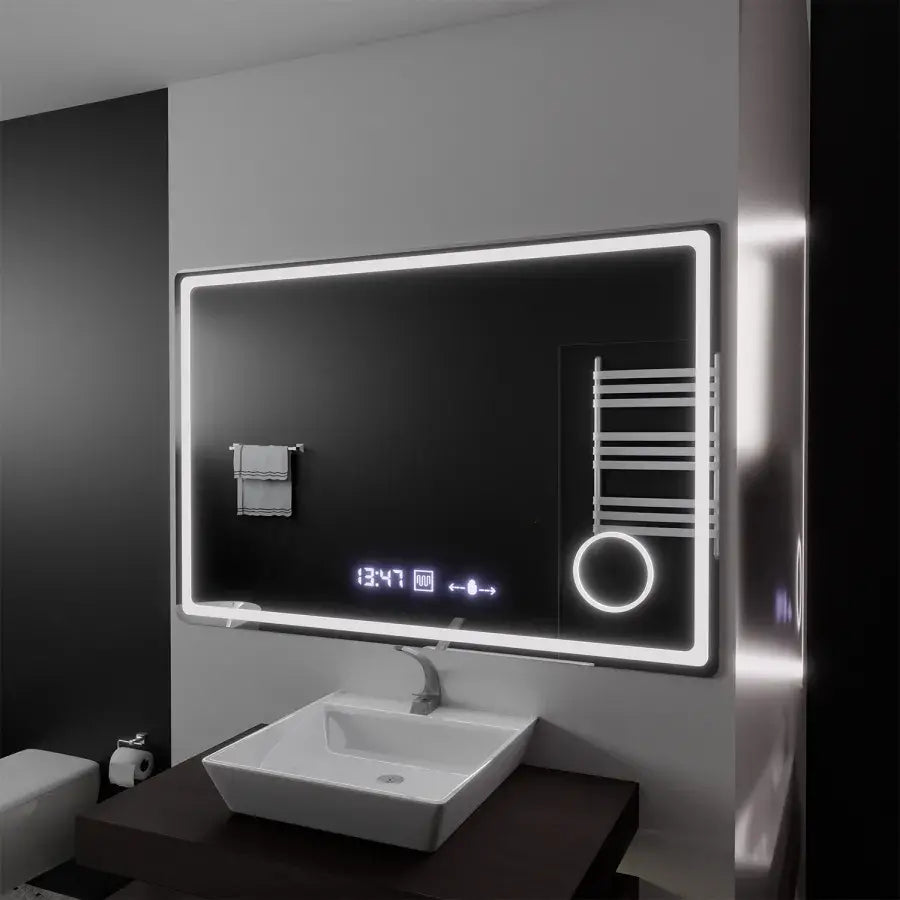 Prostokątne lustro LED, 120x80 cm, Souverain MotionGlow Marcello, system usuwania zamglenia, zegar i termometr, lupa kosmetyczna, przyciemniane lustra Marcello Domyślny tytuł Alessandro Design