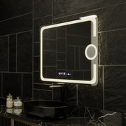 Prostokątne lustro LED, 80x60 cm, Eclat MotionGlow Marcello, system przeciwmgielny, zegar i termometr, lupa kosmetyczna, przyciemniane lustra Marcello Domyślny tytuł Alessandro Design