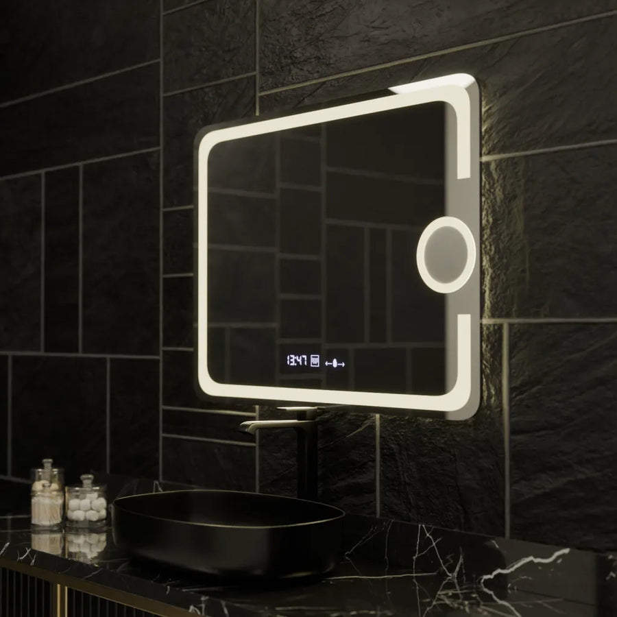 Prostokątne lustro LED, 80x60 cm, Eclat MotionGlow Marcello, system przeciwmgielny, zegar i termometr, lupa kosmetyczna, przyciemniane lustra Marcello Domyślny tytuł Alessandro Design