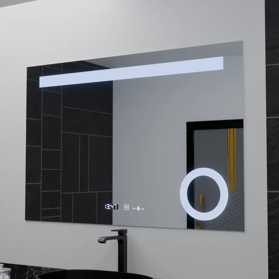 Prostokątne lustro LED, 120x80cm, ABSOLU MotionGlow Marcello, system odmgławiania, zegar i termometr, lupa kosmetyczna, przyciemniane lustra Marcello Domyślny tytuł Alessandro Design