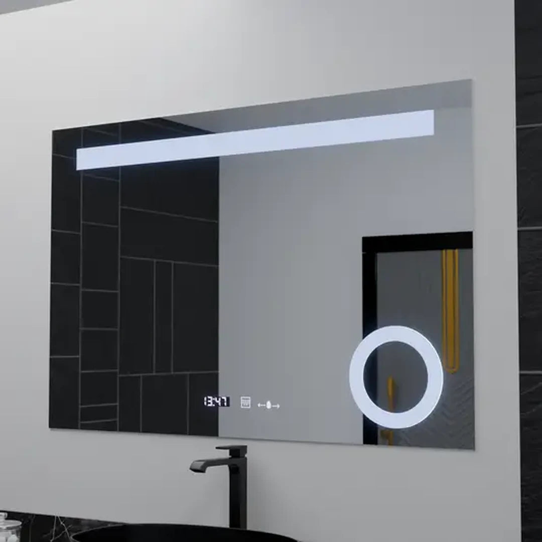 Prostokątne lustro LED, 80x60cm, ABSOLU MotionGlow Marcello, system odmgławiania, zegar i termometr, lupa kosmetyczna, przyciemniane lustra Marcello Domyślny tytuł Alessandro Design