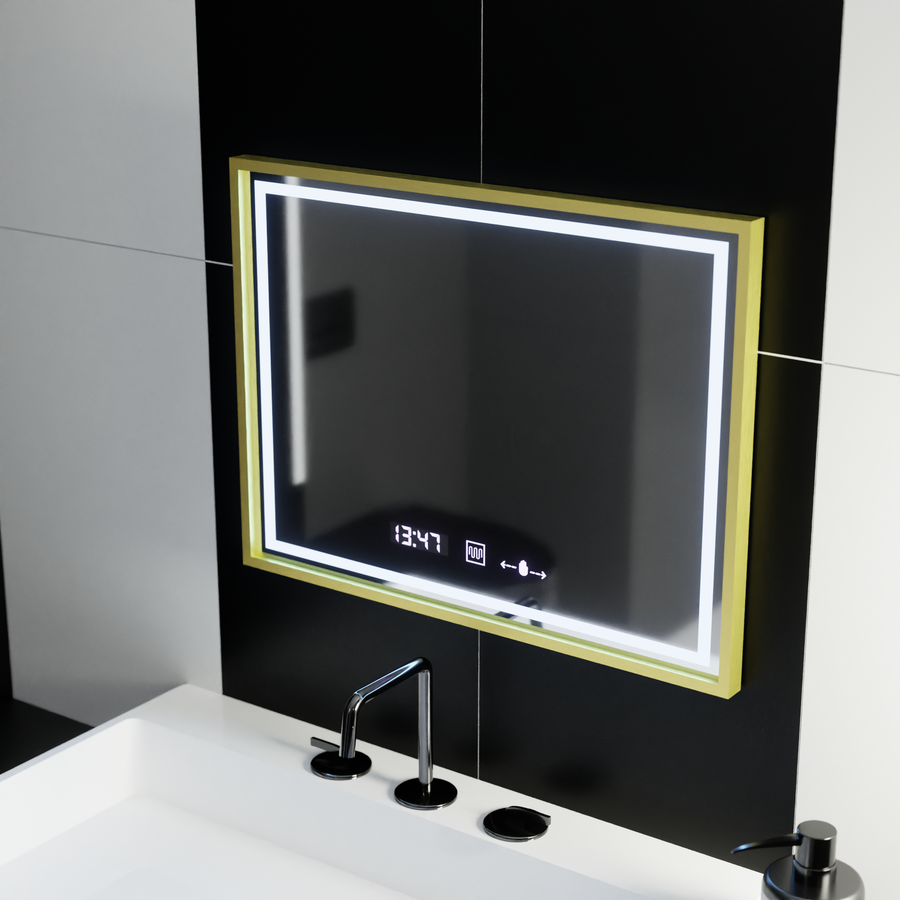 Prostokątne lustro LED, 80x60 cm, Verite Royale Gold MotionGlow Marcello, system przeciwmgielny, zegar i termometr, przyciemniane lustra Marcello Domyślny tytuł Alessandro Design