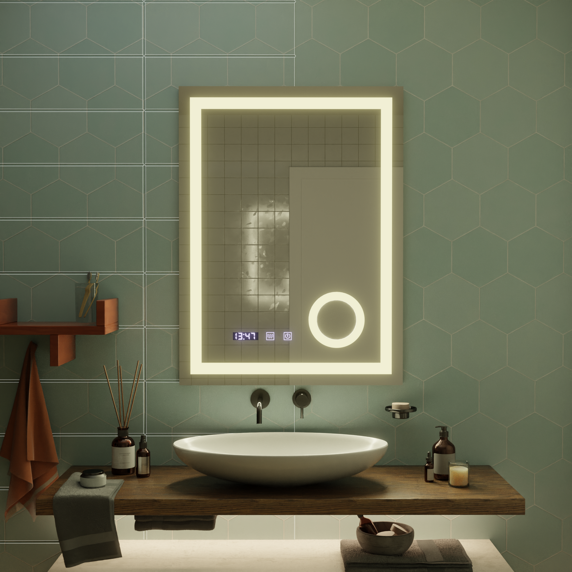 Lustro dotykowe LED NIVERA System odmgławiania, zegar i temperatura 60x80 cm Lustra kosmetyczne Lustra Korman S Domyślny tytuł Alessandro Design