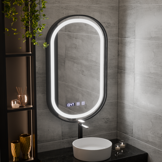 Helmut LED Touch System odmgławiania lusterek, zegar i temperatura 50x80 cm Czarna ramka Szczotkowane Marcello Funghi
