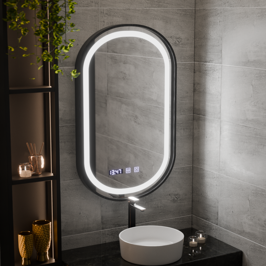 Helmut LED Touch System odmgławiania lusterek, zegar i temperatura 50x90 cm Czarna ramka Szczotkowane Marcello Funghi