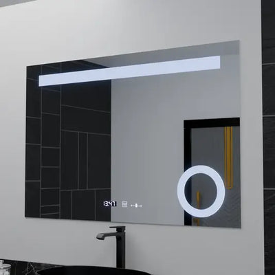 Prostokątne lustro LED, 100x75cm, ABSOLU MotionGlow Marcello, system odmgławiania, zegar i termometr, lupa kosmetyczna, możliwość przyciemniania