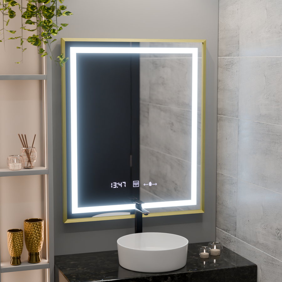 Prostokątne lustro LED, 75x90 cm, Verite Royale Gold MotionGlow Marcello, system odmgławiania, zegar i termometr, przyciemniane lustra Marcello Domyślny tytuł Alessandro Design