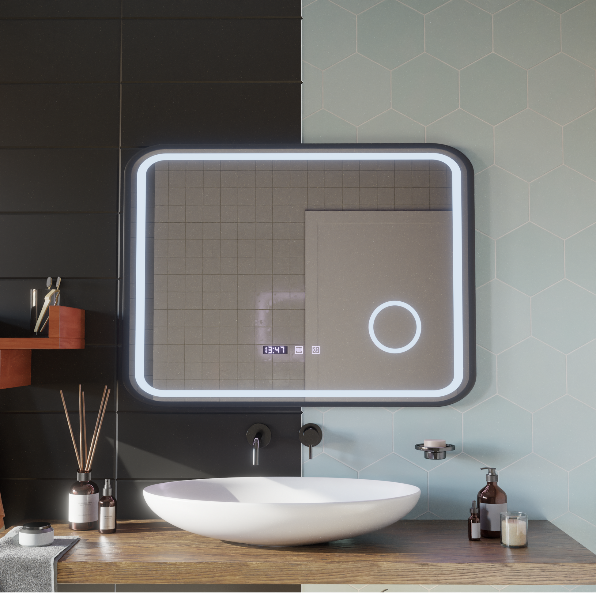 LED Touch Bernd System odmgławiania lusterek, zegar i temperatura 80x60 cm Czarna ramka Szczotkowane lusterka kosmetyczne Korman S Domyślny tytuł Alessandro Design