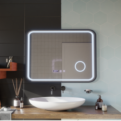 LED Touch Bernd System odmgławiania lusterek, zegar i temperatura 80x60 cm Czarna ramka Szczotkowane lusterka kosmetyczne Korman S Domyślny tytuł Alessandro Design
