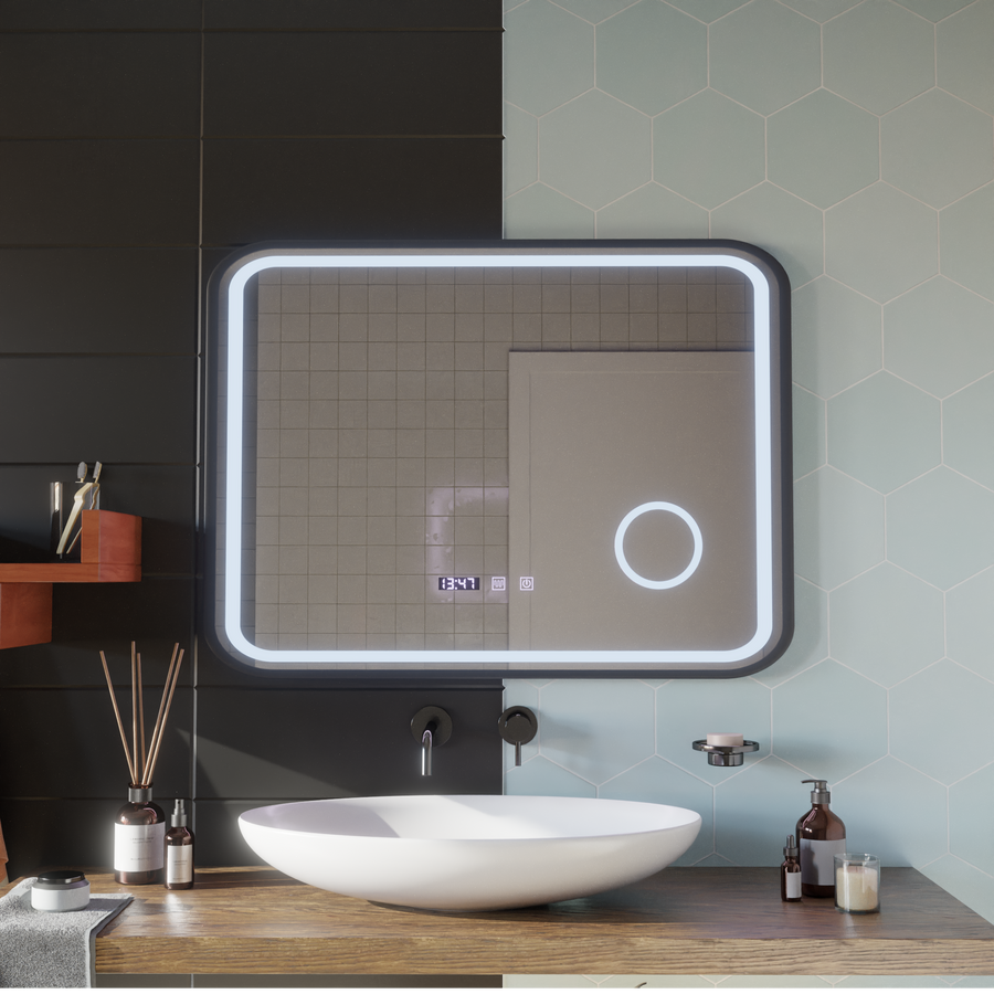 LED Touch Bernd System odmgławiania lusterek, zegar i temperatura 80x60 cm Czarna ramka Szczotkowane lusterka kosmetyczne Korman S Domyślny tytuł Alessandro Design