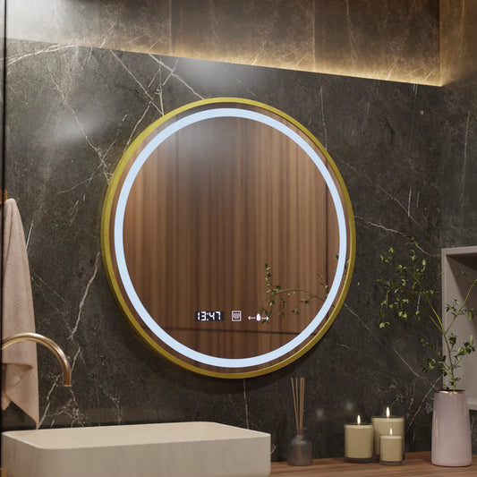 Okrągłe lustro LED, 60 cm, Celeste Royale Gold Eleve MotionGlow Marcello, system przeciwmgielny, zegar i termometr, możliwość przyciemniania, odpinany pasek Marcello Mirrors Domyślny tytuł Alessandro Design