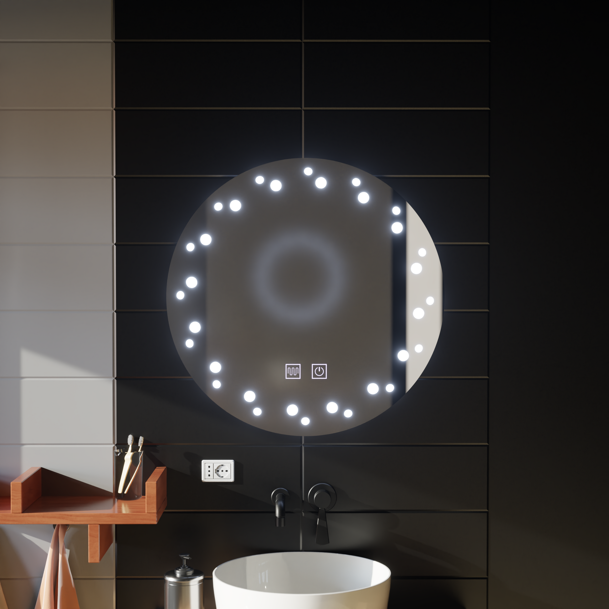 Lustro LED w kolorze kości słoniowej, system odmgławiania, średnica 60 cm, zimne światło 6000 K Korman Mirrors E Domyślny tytuł Alessandro Design