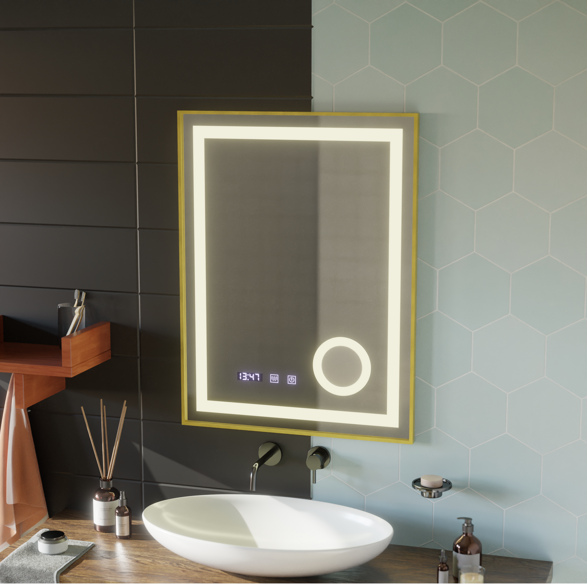 LED Touch CLARUS System odmgławiania lusterek, zegar i temperatura 60x80 cm Złota ramka Szczotkowane lusterka kosmetyczne Korman S Domyślny tytuł Alessandro Design