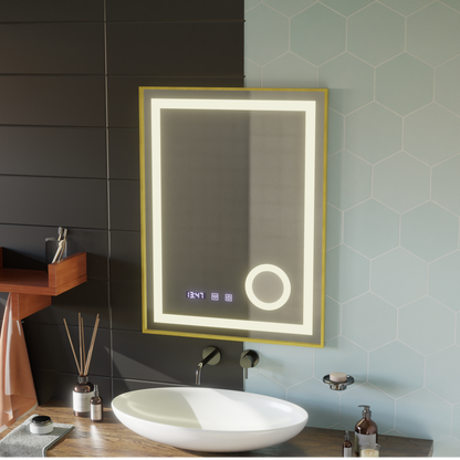 LED Touch CLARUS System odmgławiania lusterek, zegar i temperatura 60x80 cm Złota ramka Szczotkowane lusterka kosmetyczne Korman S Domyślny tytuł Alessandro Design