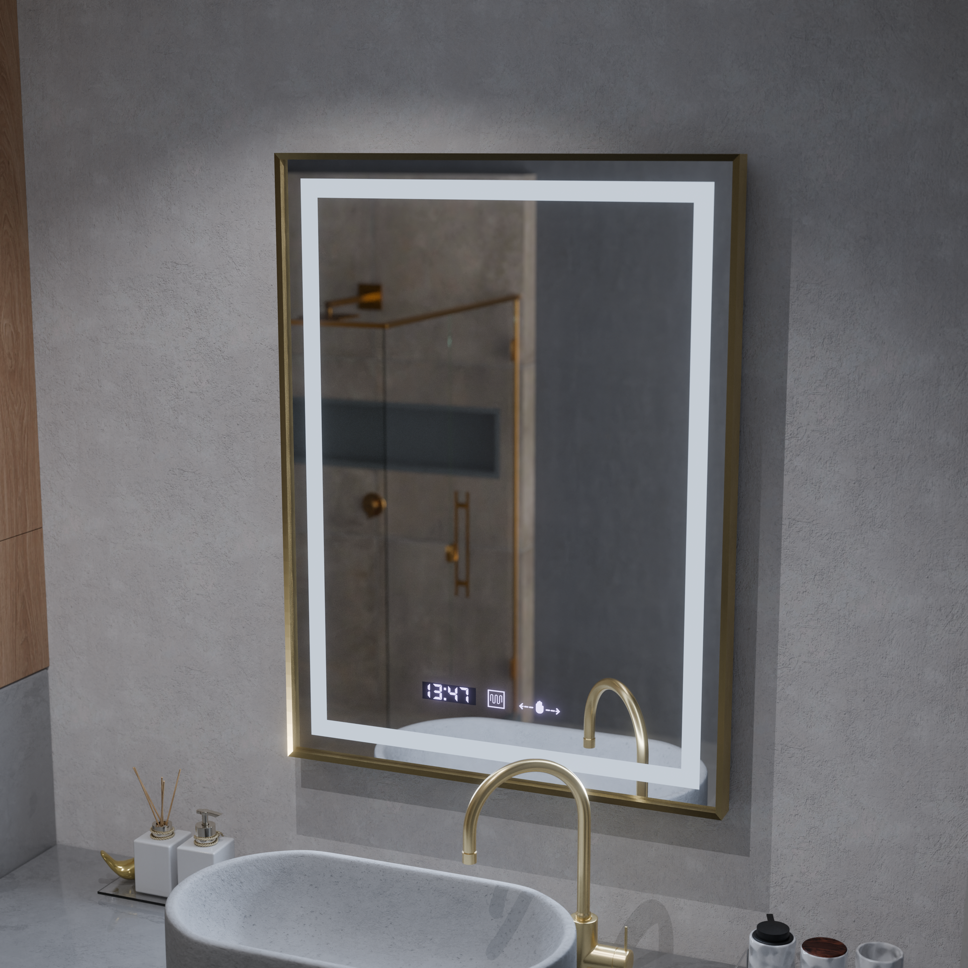 Prostokątne lustro LED, 60x80 cm, Verite Royale Gold MotionGlow Marcello, system odmgławiania, zegar i termometr, przyciemniane lustra Marcello Domyślny tytuł Alessandro Design