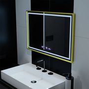 Prostokątne lustro LED, 100x65cm, Verite Royale Gold Motion Glow Marcello, system odmgławiania, zegar i termometr, możliwość przyciemniania