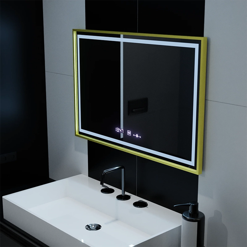 Prostokątne lustro LED, 100x65cm, Verite Royale Gold Motion Glow Marcello, system odmgławiania, zegar i termometr, możliwość przyciemniania