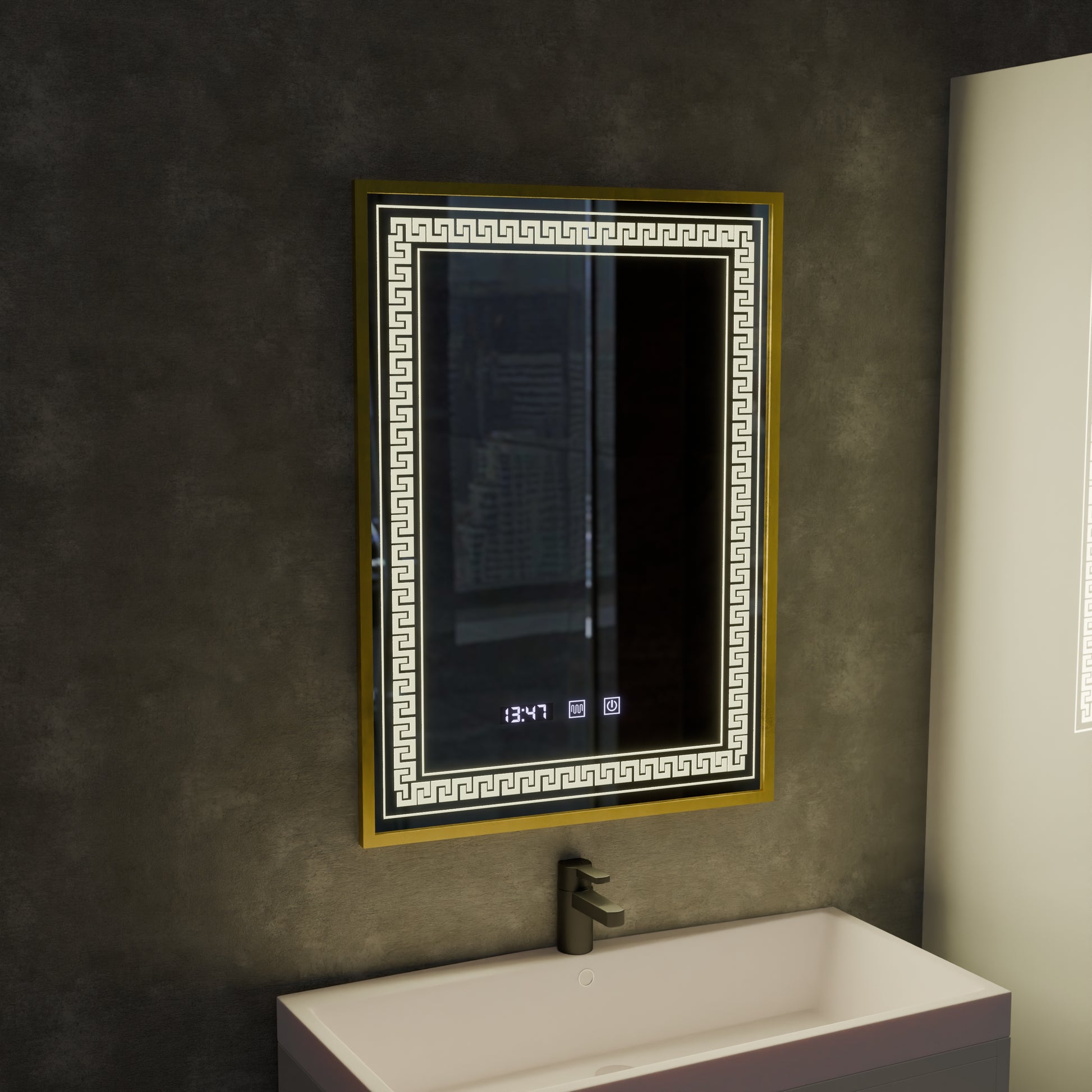 Lustro LED Touch Bruno Demister System, zegar i temperatura 60x80 cm ramka ze szczotkowanego złota, lustra S84/60X80 Korman S Domyślny tytuł Alessandro Design
