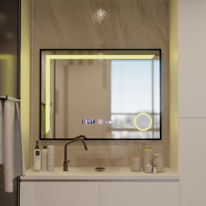 Lustro LED z czujnikiem MotionGlow Francesca 80x60 cm Ciepłe/zimne/neutralne światło Możliwość przyciemniania Czarna ramka Szczotkowany system odmgławiania Termometr Zegar Marcello Funghi Kolekcja Lustra Marcello Domyślny tytuł Alessandro Design
