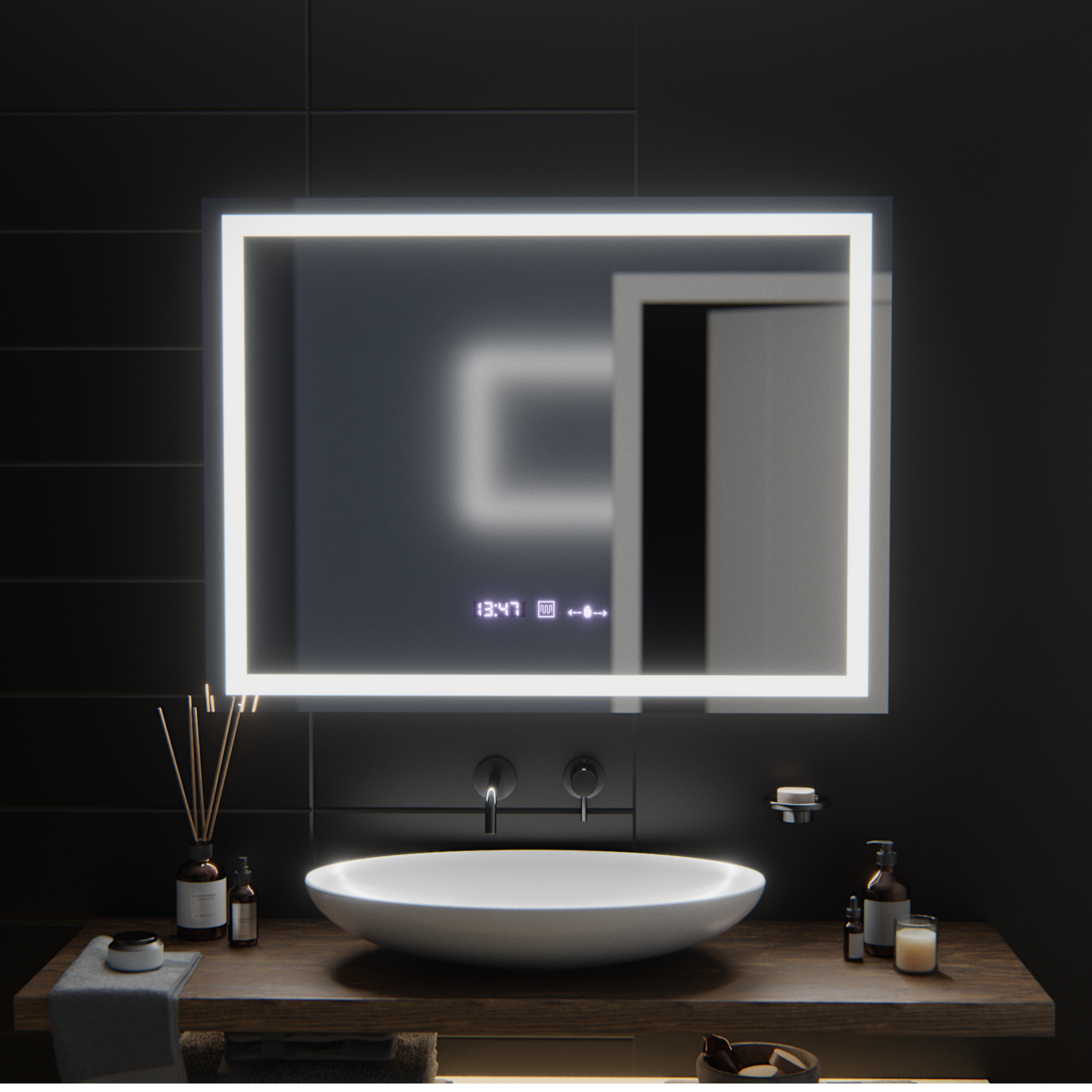 Prostokątne lustro LED, 100x75 cm, Verite MotionGlow Marcello, system usuwania zamglenia, zegar i termometr, przyciemniane lustra Marcello Tytuł domyślny Alessandro Design