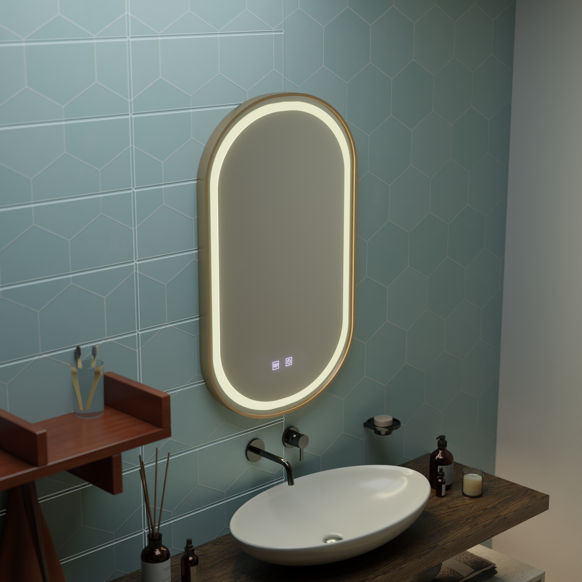 System odmgławiania lusterek Impora LED Touch 50x80 cm Lustra z ramką w kolorze różowego złota Korman E Domyślny tytuł Alessandro Design