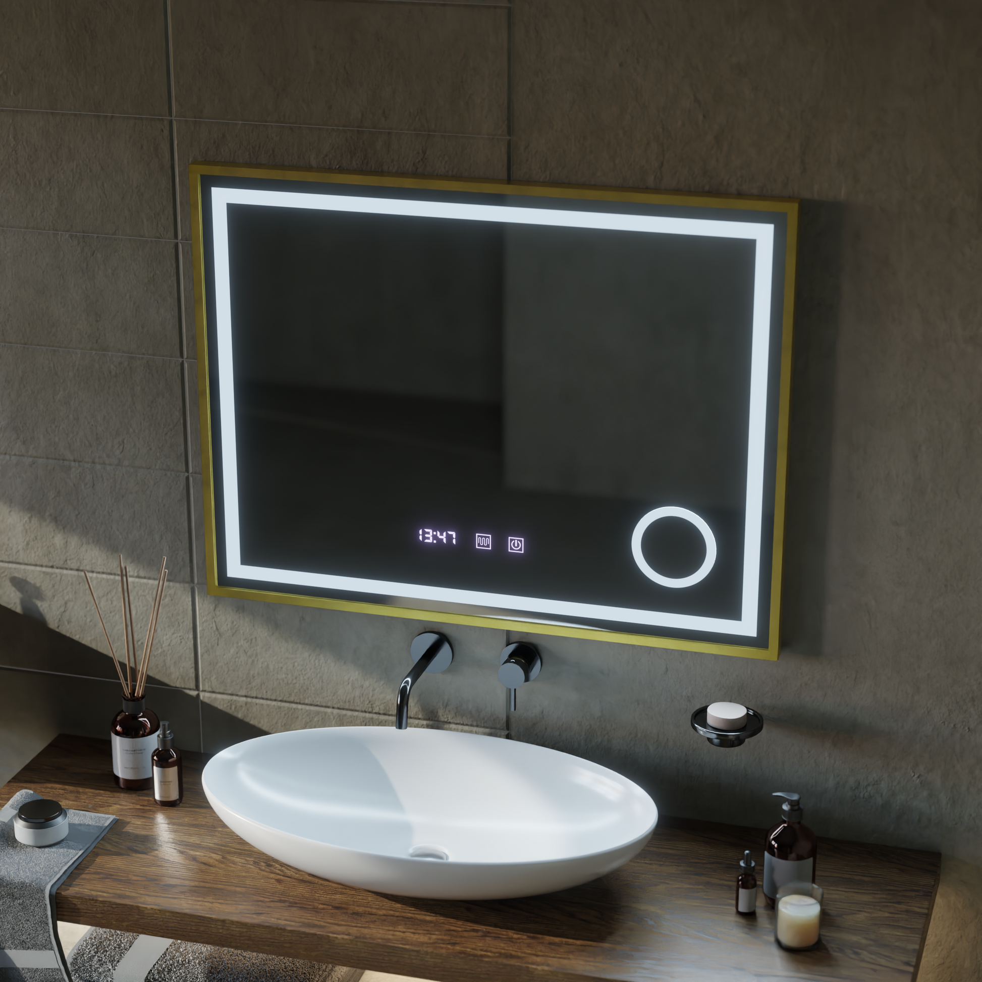 LED Touch CLARUS System odmgławiania lusterek, zegar i temperatura 80x60 cm Złota ramka Szczotkowane lusterka kosmetyczne Korman S Domyślny tytuł Alessandro Design