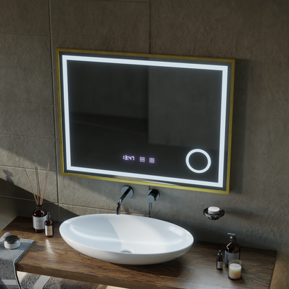 LED Touch CLARUS System odmgławiania lusterek, zegar i temperatura 80x60 cm Złota ramka Szczotkowane lusterka kosmetyczne Korman S Domyślny tytuł Alessandro Design