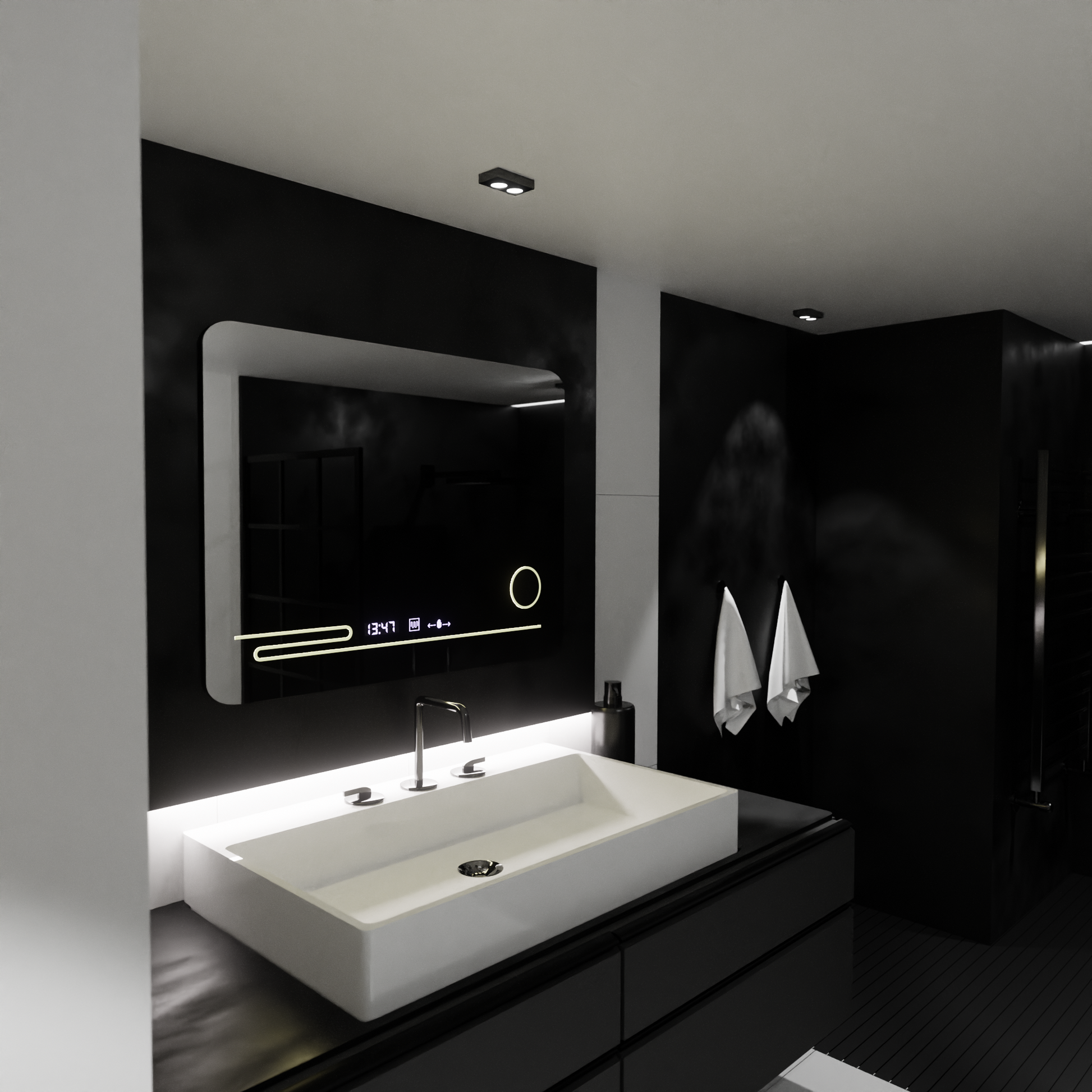 Prostokątne lustro LED, 80x60cm, Harmonie MotionGlow Marcello, system usuwania zamglenia, termometr i zegar, lupa kosmetyczna, przyciemniane lustra Marcello Domyślny tytuł Alessandro Design