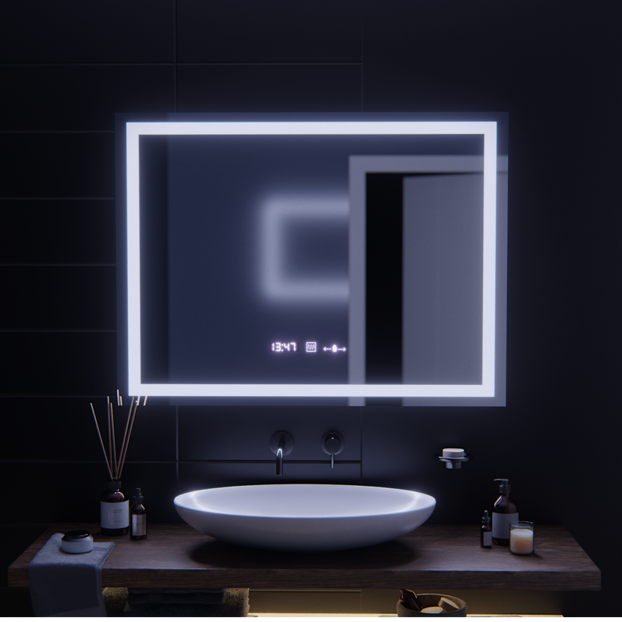 Prostokątne lustro LED, 100x75 cm, Verite MotionGlow Marcello, system usuwania zamglenia, zegar i termometr, przyciemniane lustra Marcello Tytuł domyślny Alessandro Design