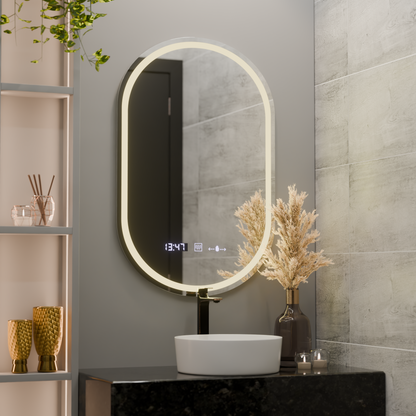 Owalne lustro LED, 60x80 cm, Eminence MotionGlow Marcello, system usuwania zamglenia, zegar i termometr, przyciemniane lustra Marcello Tytuł domyślny Alessandro Design