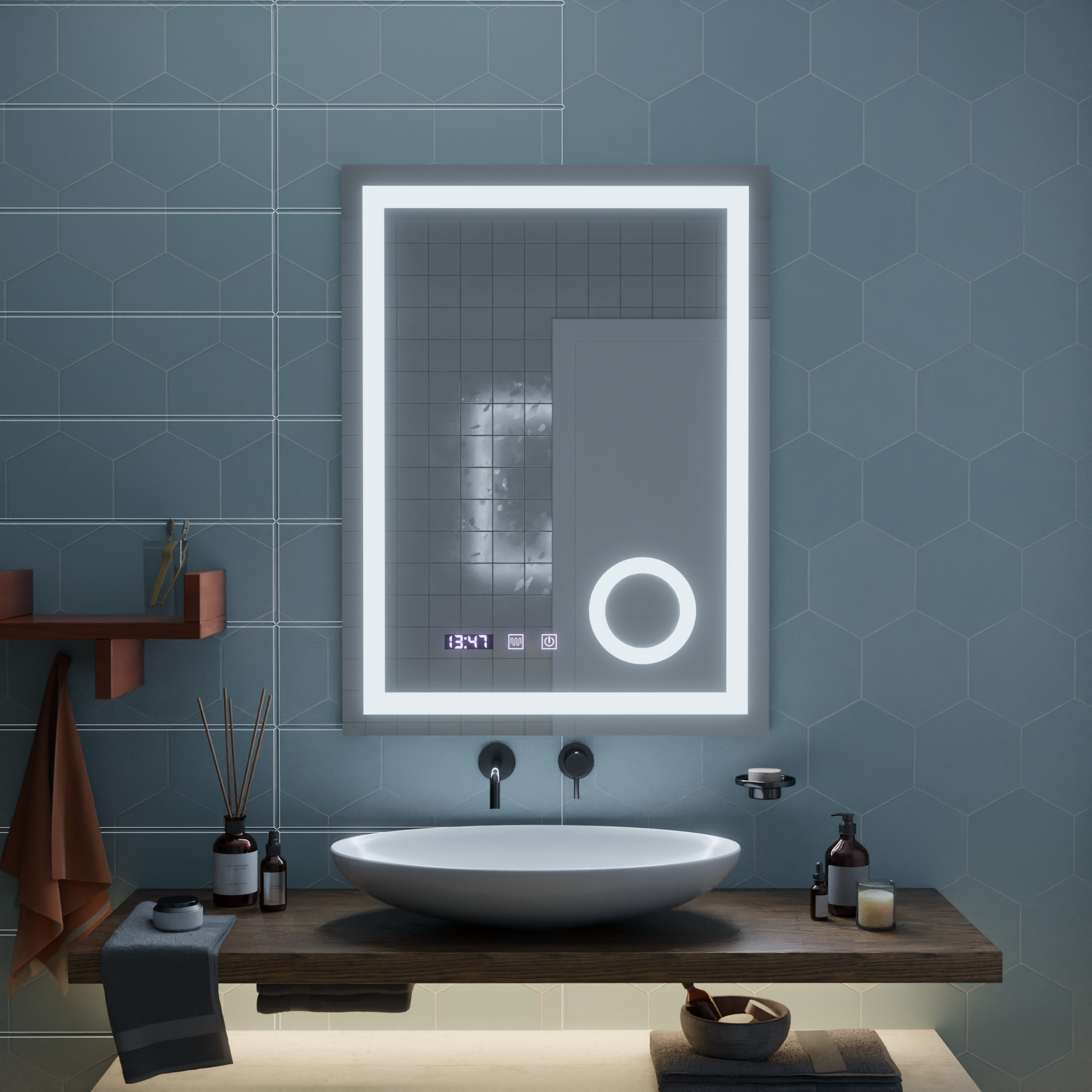Lustro dotykowe LED NIVERA System odmgławiania, zegar i temperatura 60x80 cm Lustra kosmetyczne Lustra Korman S Domyślny tytuł Alessandro Design
