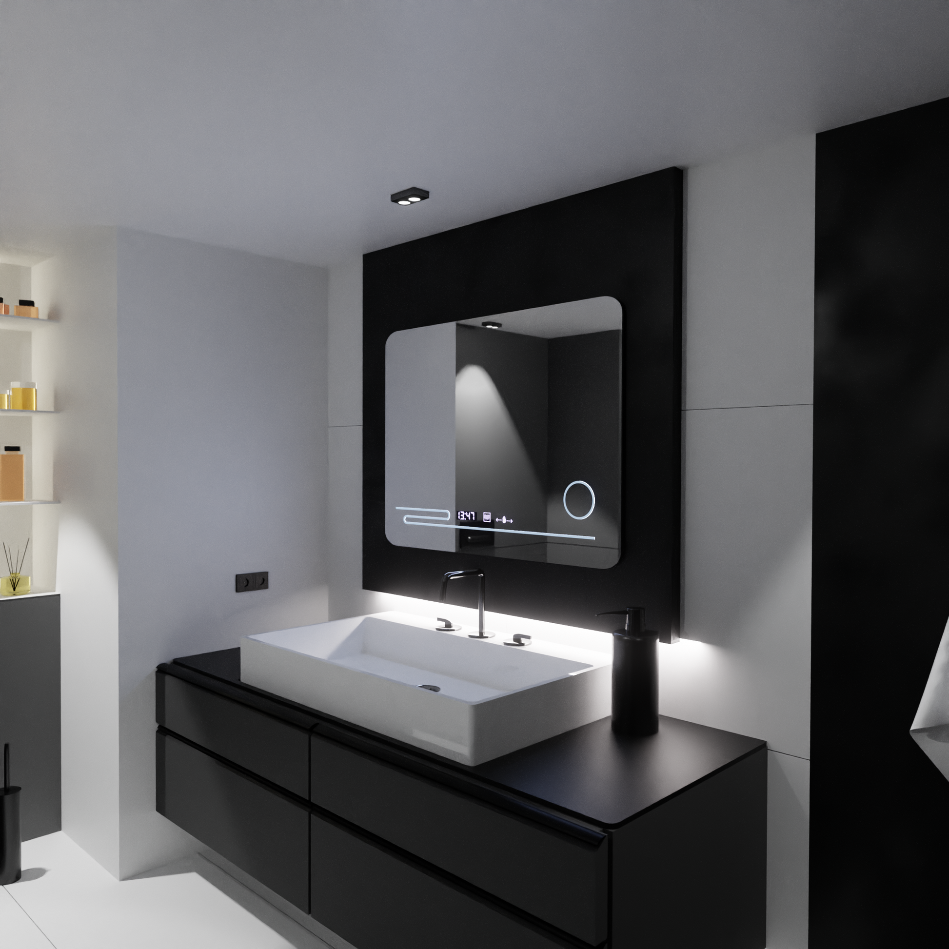 Prostokątne lustro LED, 80x60cm, Harmonie MotionGlow Marcello, system usuwania zamglenia, termometr i zegar, lupa kosmetyczna, przyciemniane lustra Marcello Domyślny tytuł Alessandro Design