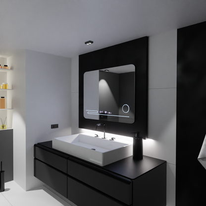 Prostokątne lustro LED, 80x60cm, Harmonie MotionGlow Marcello, system usuwania zamglenia, termometr i zegar, lupa kosmetyczna, przyciemniane lustra Marcello Domyślny tytuł Alessandro Design