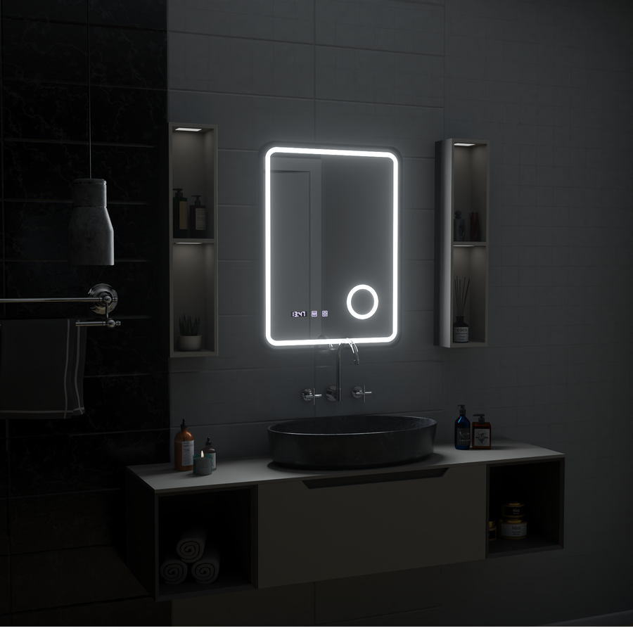 Ulrich LED Touch Lusterko System odmgławiania, zegar i temperatura 75x90 cm Czarna ramka Szczotkowane lusterka kosmetyczne Korman S Domyślny tytuł Alessandro Design