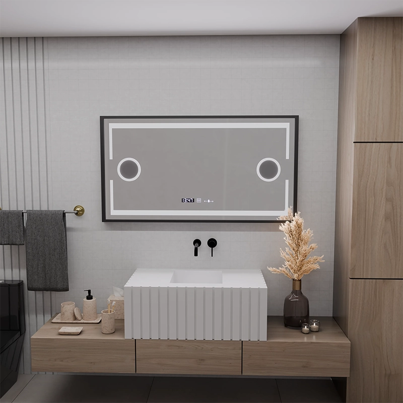 Lustrzany czujnik LED MotionGlow Domingo z funkcją odmgławiania Termometr Zegar 120x65 cm Światło zimne/ciepłe/neutralne Możliwość przyciemniania, Czarna ramka szczotkowana, kolekcja Marcello Funghi