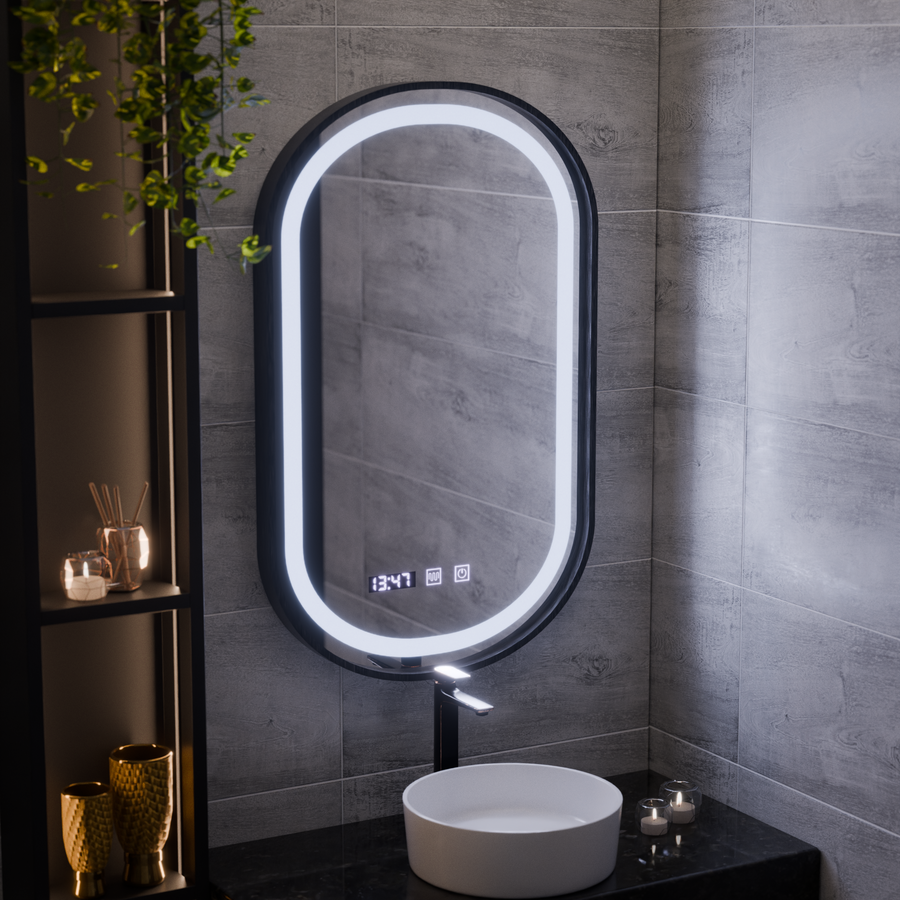 Helmut LED Touch System odmgławiania lusterek, zegar i temperatura 50x90 cm Czarna ramka Szczotkowane Marcello Funghi
