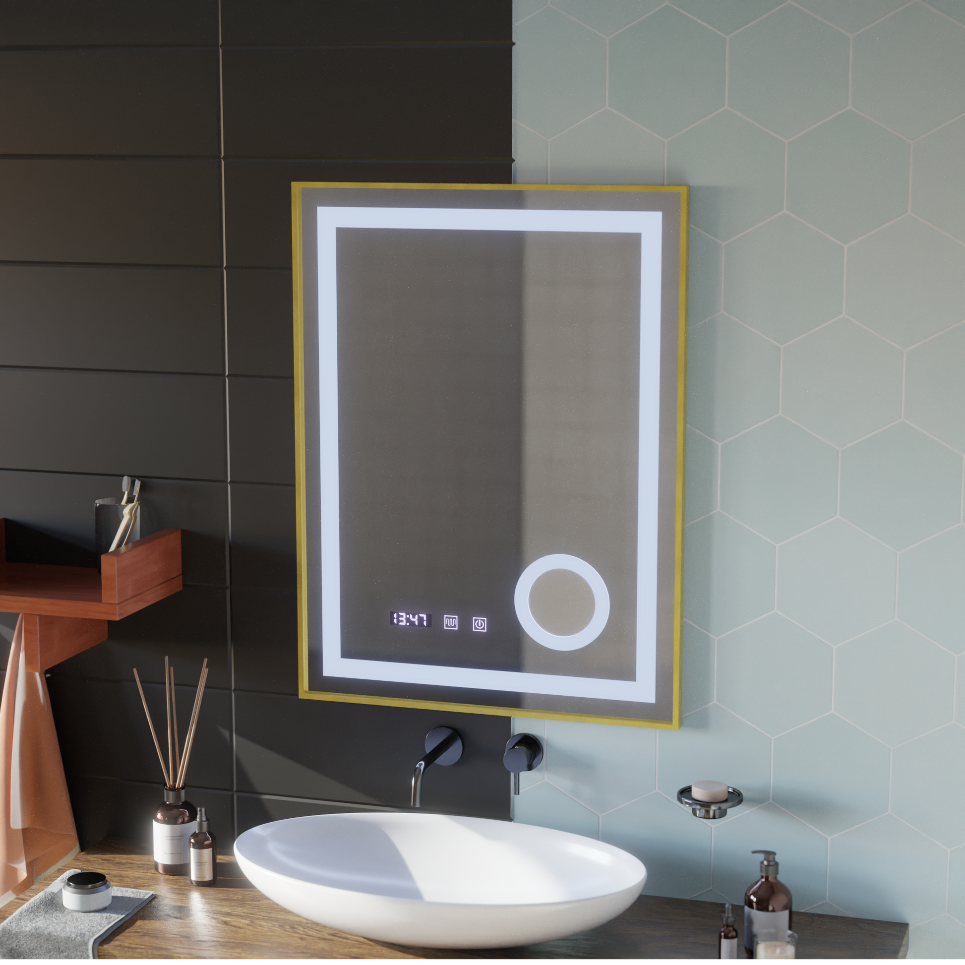 LED Touch CLARUS System odmgławiania lusterek, zegar i temperatura 60x80 cm Złota ramka Szczotkowane lusterka kosmetyczne Korman S Domyślny tytuł Alessandro Design