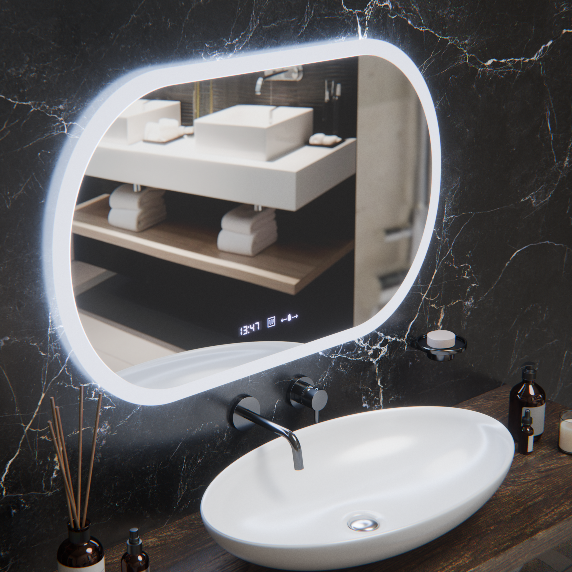 Owalne lustro LED, 80x50 cm, czujnik Altera Marcello MotionGlow, system przeciwmgielny, zegar i termometr, przyciemniane lustra Marcello Tytuł domyślny Alessandro Design