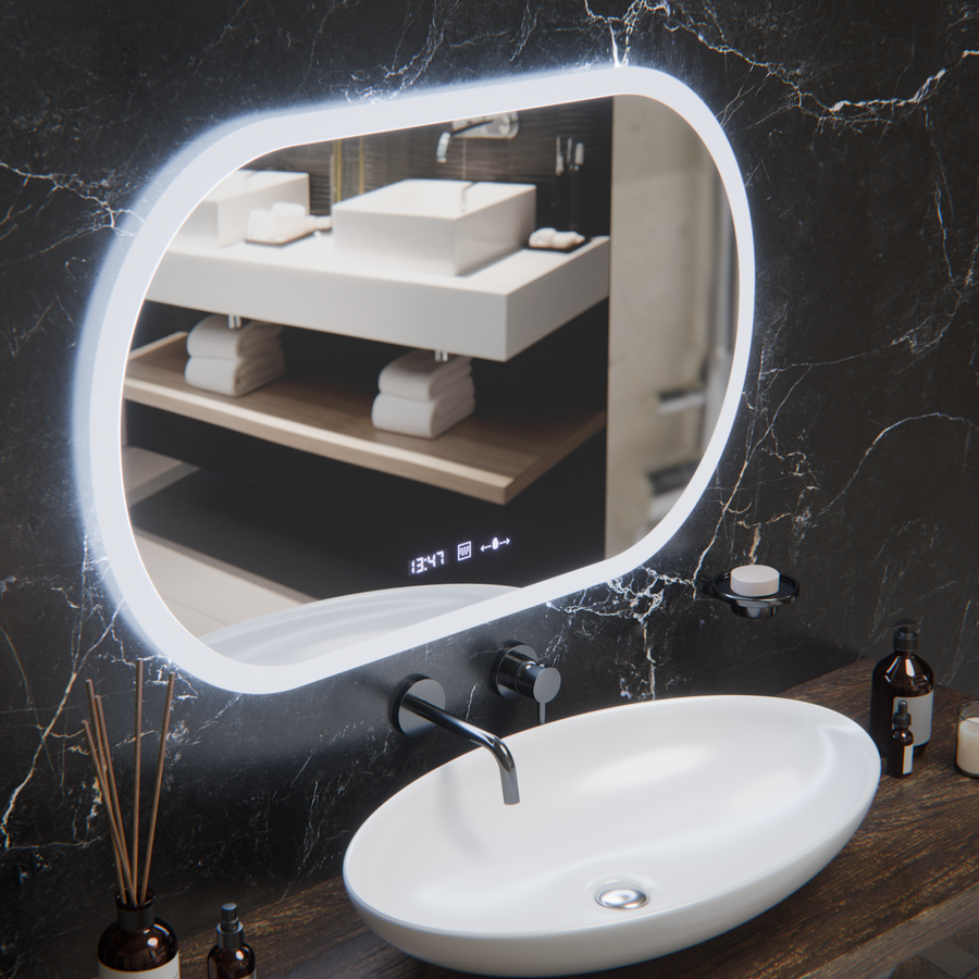 Owalne lustro LED, 80x50 cm, czujnik Altera Marcello MotionGlow, system przeciwmgielny, zegar i termometr, przyciemniane lustra Marcello Tytuł domyślny Alessandro Design